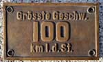 Deutschland (DRG), Geschwindigkeitsschild DRG: Grsste Geschwindigkeit 100 km I.d.St., GMsmR. Ungewhnlich die Schreibweise der "1" ohne abfallenden Strich und das "I" gro geschrieben. BxH = 146 x 87 mm.