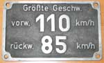 Geschwindigkeitsschild vorwrts 110km/h, rckwrts 85km/h, "", Aluguss von DB Baureihe 23, Gusszeichen GAl-Si