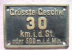 Lnderbahn/DRG Geschwindigkeitsschild 30km i.d.St. oder 500m. i. d. Min in Messing
