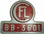Lokschild BB-3601 der C.F.L., Aluminiumguss, glatt mit Rand, mit Eigentumslogo CFL. Frontschild. BxH = ? mm.