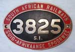 Sdafrika (SAR), South African Railways, Suid-Afrikaanse-Spoorwee: 3825 S.I., Messingguss, oval, glatt mit Rand.