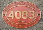 Sdafrika, Lokschild der SAR (South African Railways, heute Transnet Freight Rail): 4083 GMAM, Messingguss oval, mit Rand (GMsmR). BxH = x mm.