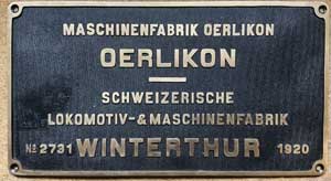 Fabrikschild Maschinenfabrik Oerlikon, Oerlikon, Schweizerische Lokomotiv-&Maschinenfabrik Winterthur. Fabriknummer: 2731, Baujahr: 1920. Messingguss rechteckig, Riffelgrund mit Rand. BxH = 351 x 1500 mm. Das sch�ne Fabrikschild ist von der SBB Ce6/8 II, Nr. 14272.